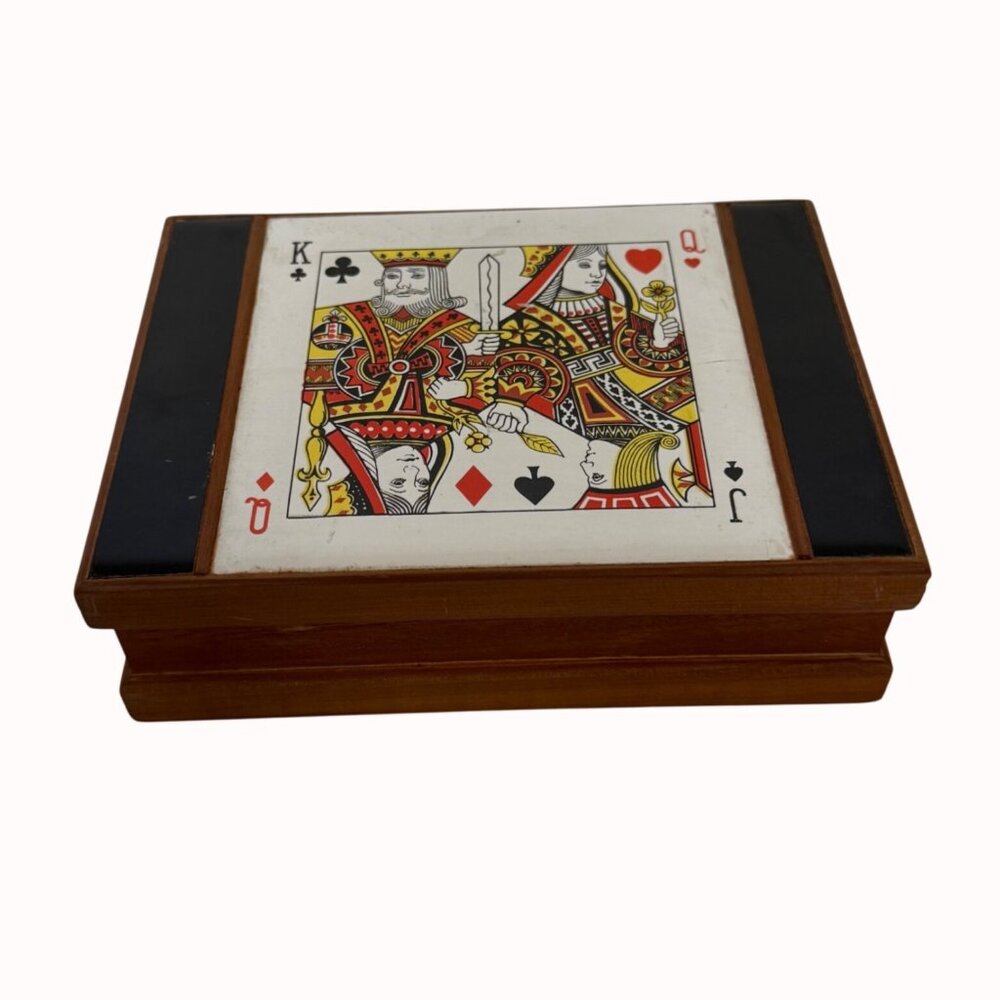 Wooden Playing Card Box Ceramic Tile King Queen Spades Vintage MCM Green Felt